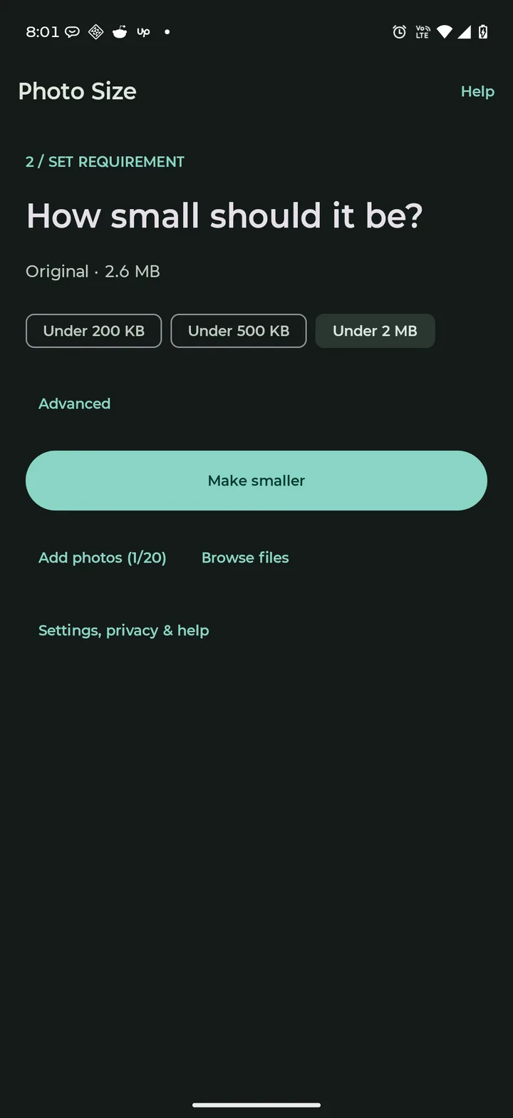 The first screen: Make your photo fit the limit, with Under 2 MB picked and a Choose photos button.