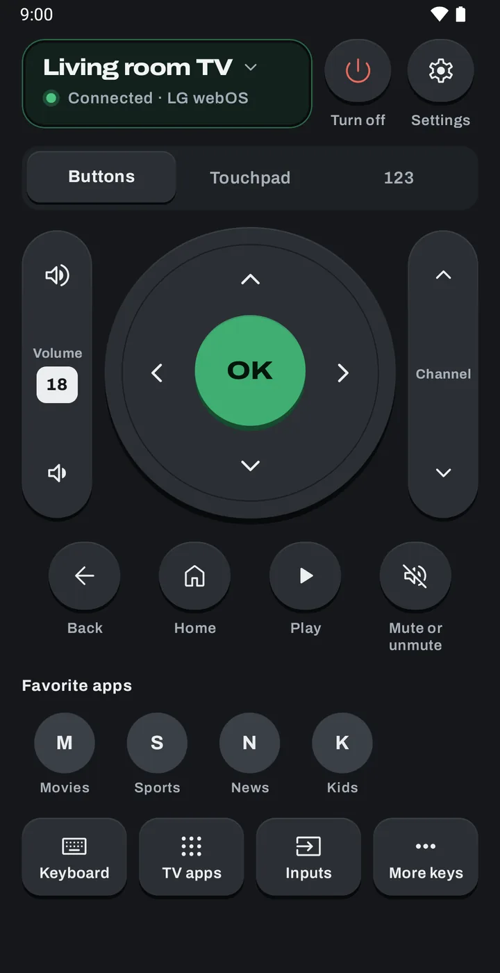 The remote screen: volume and channel keys either side of a round direction pad with OK.