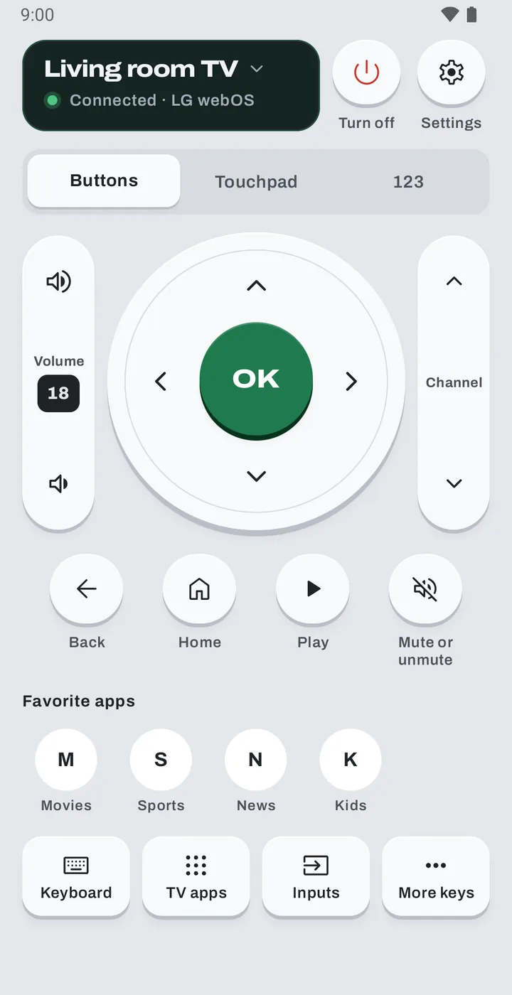 The remote screen: volume and channel keys either side of a round direction pad with OK.