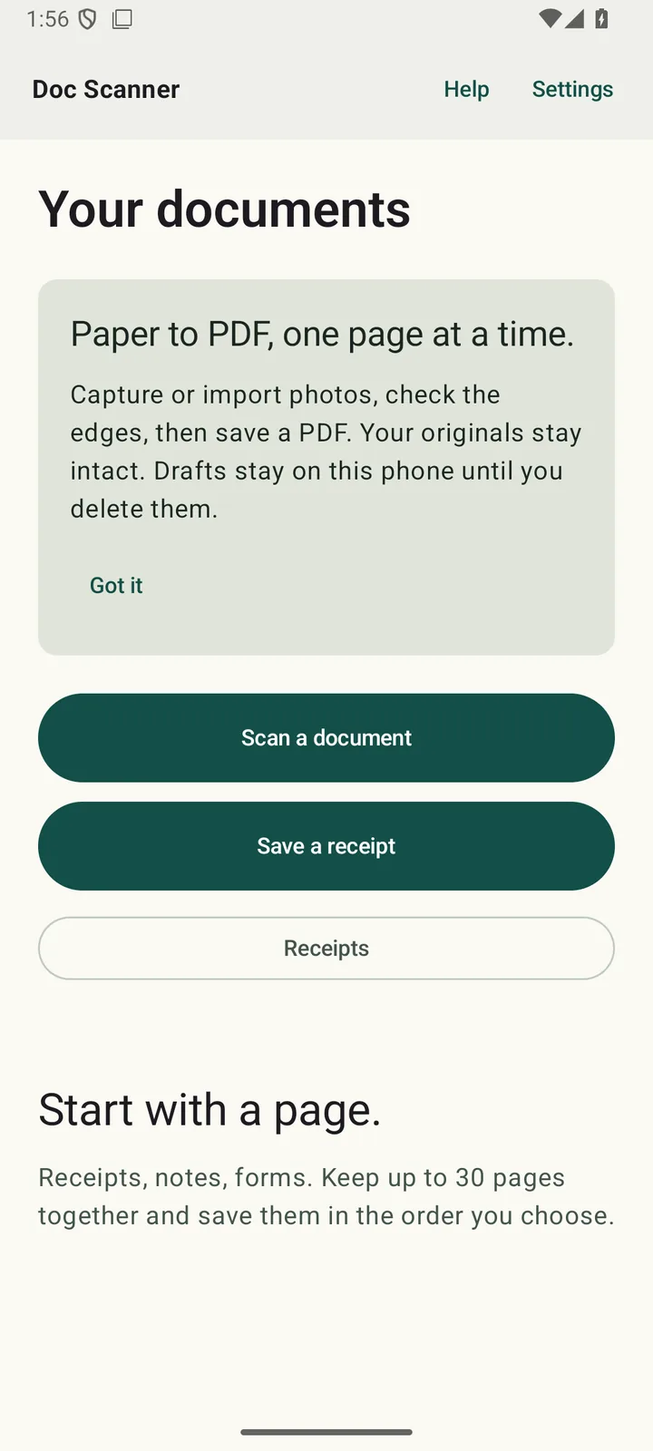 Your documents: Scan a document, Save a receipt and Receipts buttons.